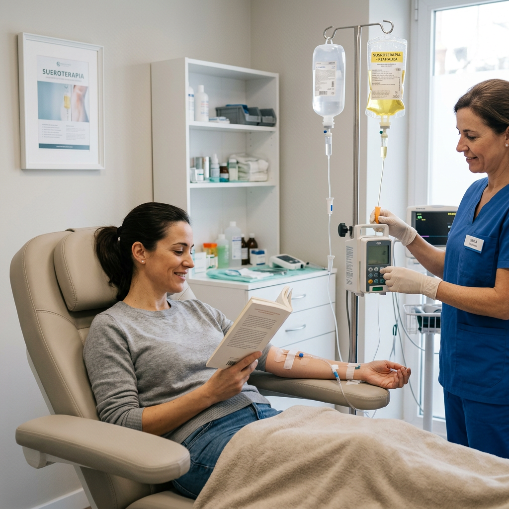 Patient receiving IV therapy while reading a book with nurse adjusting IV pump